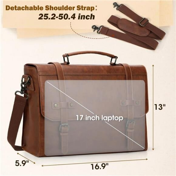 Mens Leather Messenger Bag 17 Inch Laptop Briefcase Waterproof Business Travel - Picture 2 of 7